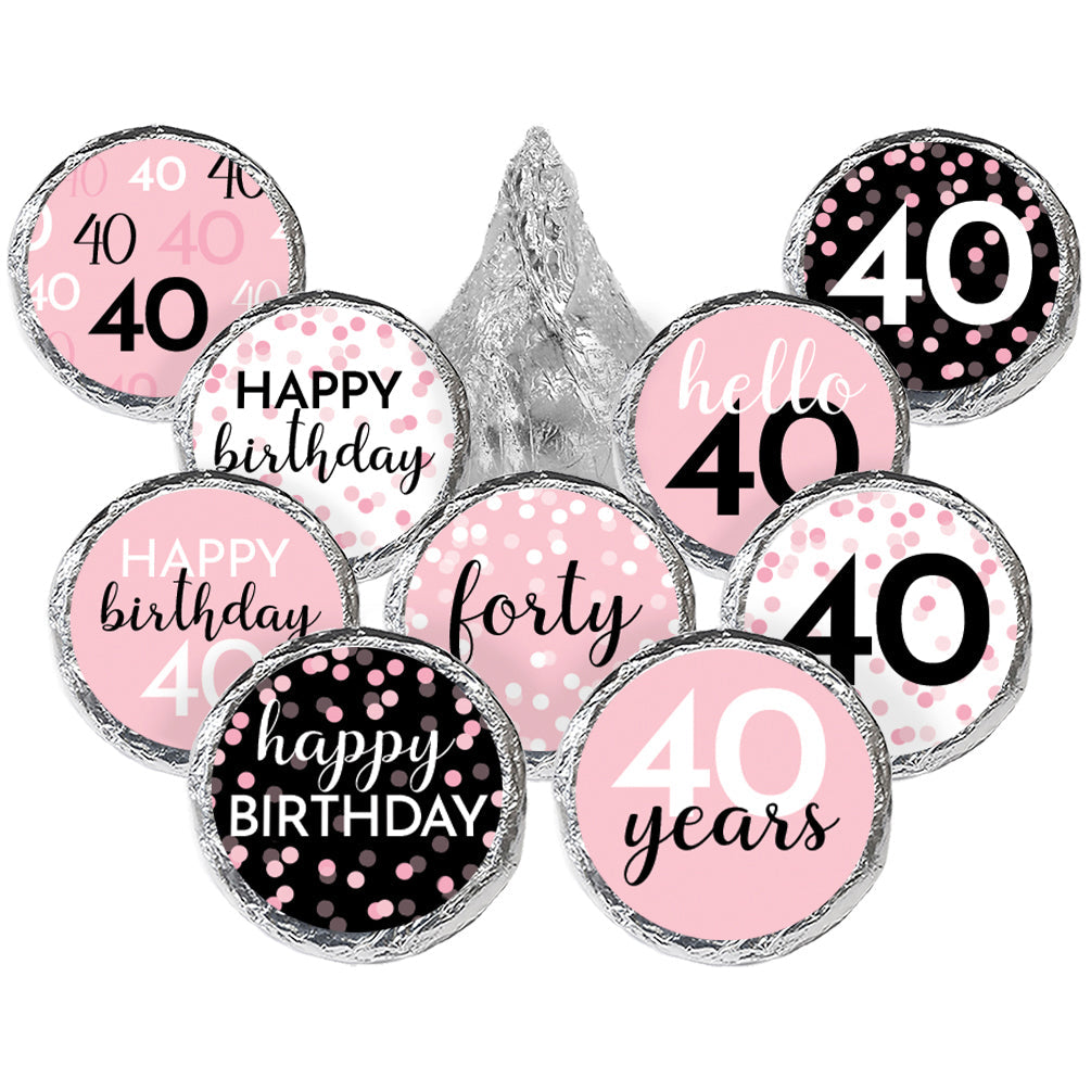 Pink and Black 40th Birthday Stickers - Fits Hersheys Kisses Candy